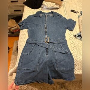 Denim Short Sleeve Jumpsuit with Belt